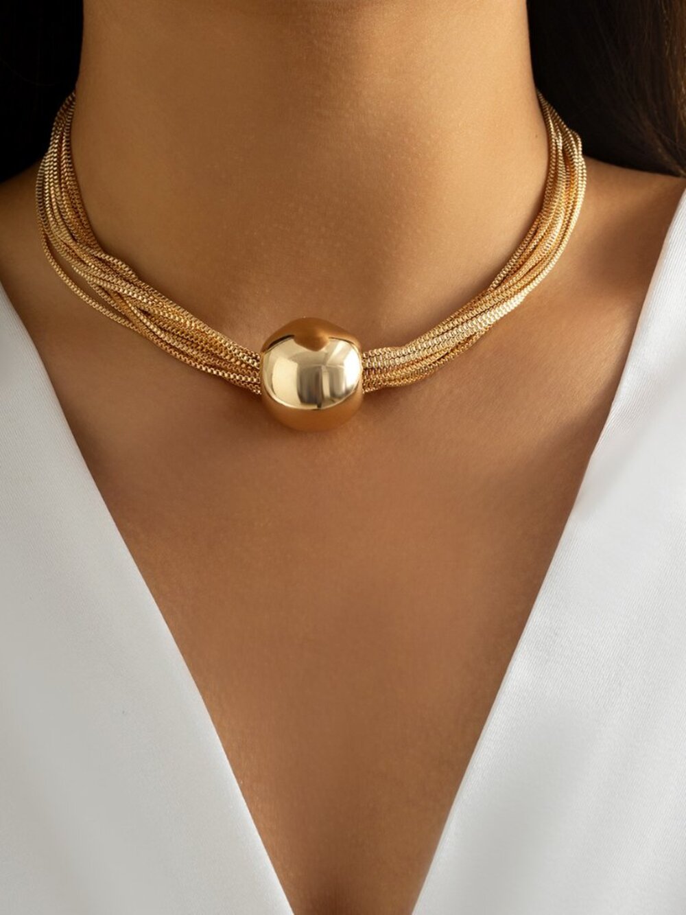 Multi Strand Gold Tone Layered Choker Necklace with Smooth Round Ball Statement